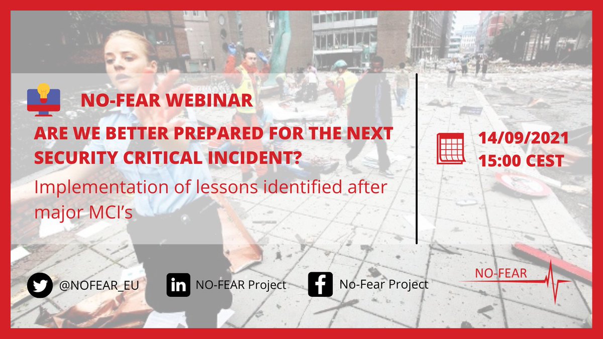 NOFEAR_EU's tweet photo. How well are we prepared for the next security critical incident? 🚨

Join us for the next @NOFEAR_EU webinar, where we will discuss the aftermath of major terror attacks in otherwise peaceful countries. 

📅 14th September at 15:00 CEST

Learn more here:

https://t.co/1FU5WwOu52 https://t.co/ZBpNf1ucGC