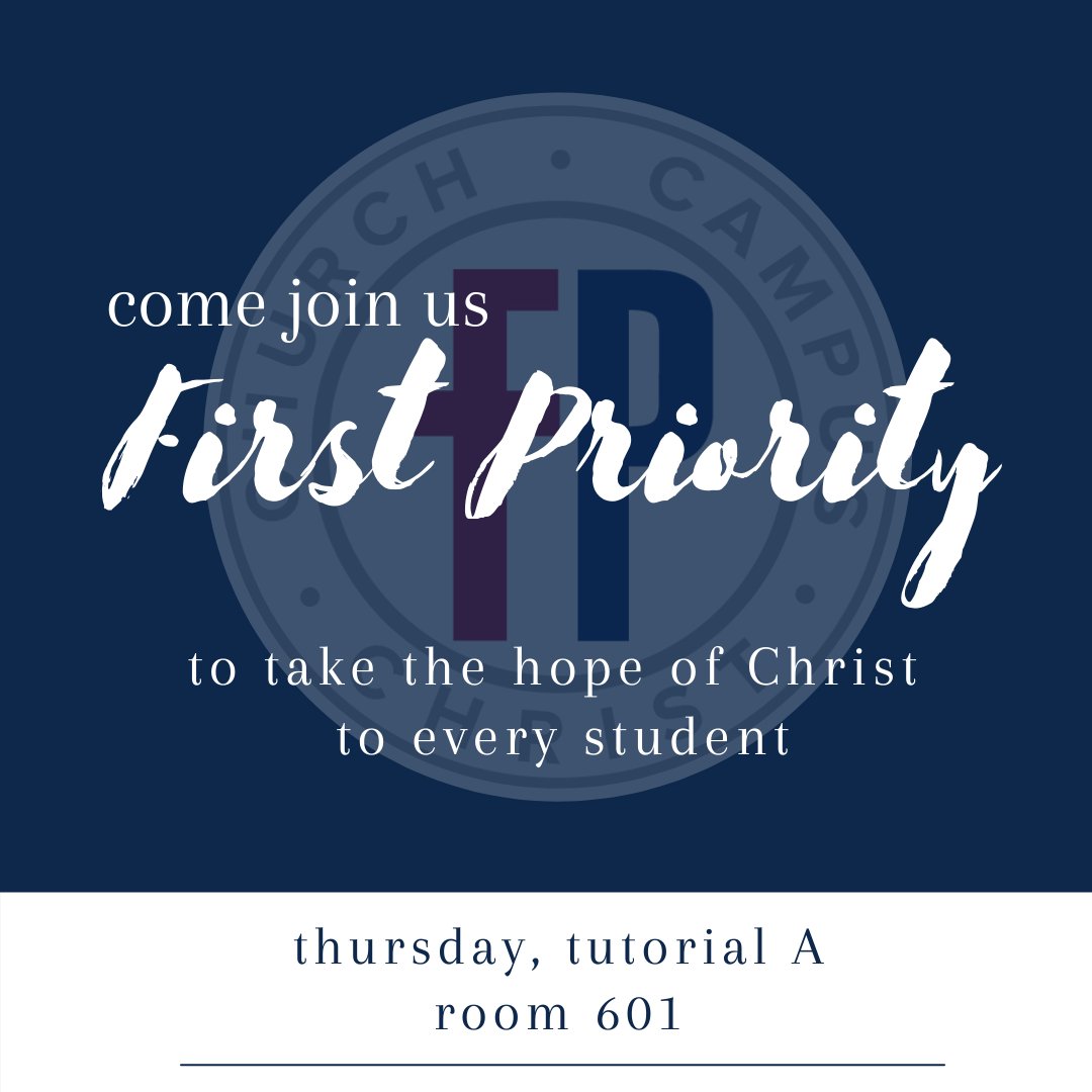 Join us Thursday, 9/9 for First Priority's first meeting this school year Tutorial A in 601! First Priority is open to anyone interested in reaching students for Christ at CvHS. We hope to see you on there! For more info about First Priority, visit firstpriority.club