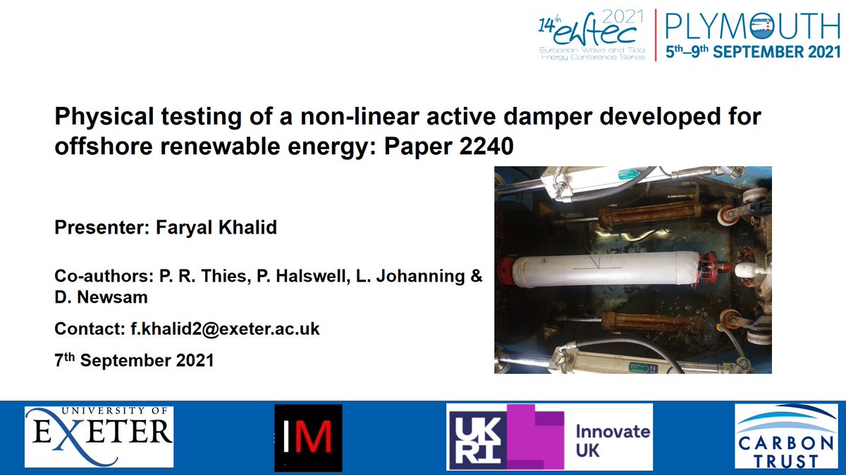 Faryal Khalid (@fkhalid827) on Twitter photo Presenting at <a href="/ewtec2021/">EWTEC2021</a> today regarding the physical testing of the mooring component developed by <a href="/IMS_Moorings/">Intelligent Moorings Limited</a>. Test campaign and conference participation supported by <a href="/UKRI_News/">UK Research and Innovation</a> <a href="/innovateuk/">Innovate UK</a> and <a href="/thecarbontrust/">The Carbon Trust</a>. Presenting at <a href="/ewtec2021/">EWTEC2021</a> today regarding the physical testing of the mooring component developed by <a href="/IMS_Moorings/">Intelligent Moorings Limited</a>. Test campaign and conference participation supported by <a href="/UKRI_News/">UK Research and Innovation</a> <a href="/innovateuk/">Innovate UK</a> and <a href="/thecarbontrust/">The Carbon Trust</a>.