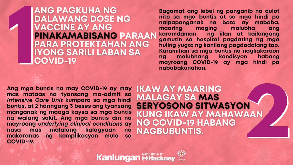 KanlunganCOVID's tweet photo. Ang COVID-19 Vaccine ay maaring gamiting sa kahit anong yugto ng iyong pagbubuntis. Sa kasalukuyan humigit kumulang 62,000 na buntis na ang nakatanggap ng kahit na isang dose ng bakuna.
#BakunaParaSaBuntis #PinoyUK #Kanlungan #HackneyAndTheCityProject https://t.co/xBF8juQuUs