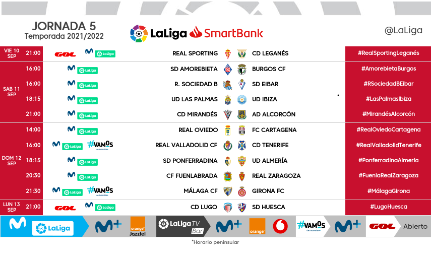 LaLiga's tweet photo. MODIFICACIÓN | El #AmorebietaBurgos se jugará finalmente el sábado 11 a las 16h, mientras que el #MirandésAlcorcón se disputará el sábado a las 21h. https://t.co/mafOO3F2BB