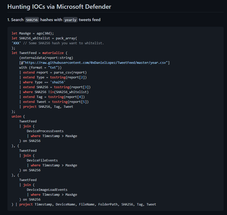 0xDanielLopez's tweet photo. Presenting "TweetFeed"

Public repo that collects IOCs posted on Twitter in order to search them in your environment.

Interesting for #BlueTeam members, contains:

- URLs
- Domains
- IPs
- MD5/SHA256 hashes

Also includes queries for MS Defender.

🔗 https://t.co/C0a7fdxCvS https://t.co/1caN7NlyLk