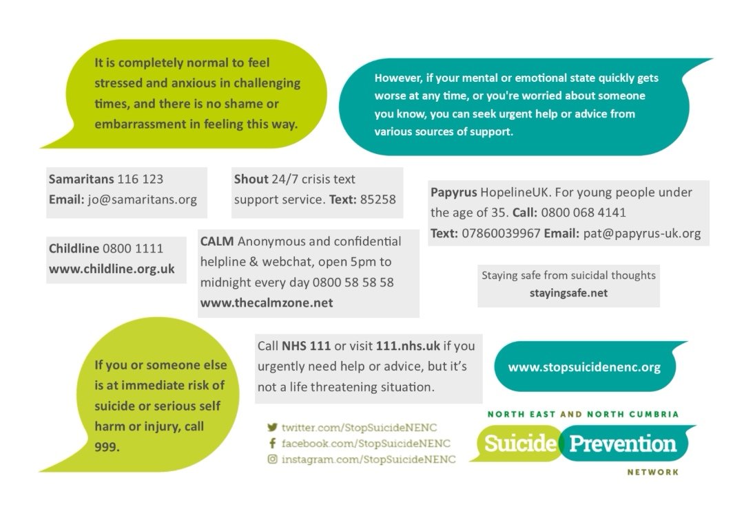 Please retweet to ensure that everyone knows that, there may be times when we need some extra support to get through. It's OK to ask for help, and there's lots of support out there. Find out more: stopsuicidenenc.org #WPSD <a href="/StopSuicideNENC/">NENC Suicide Prevention Network</a>