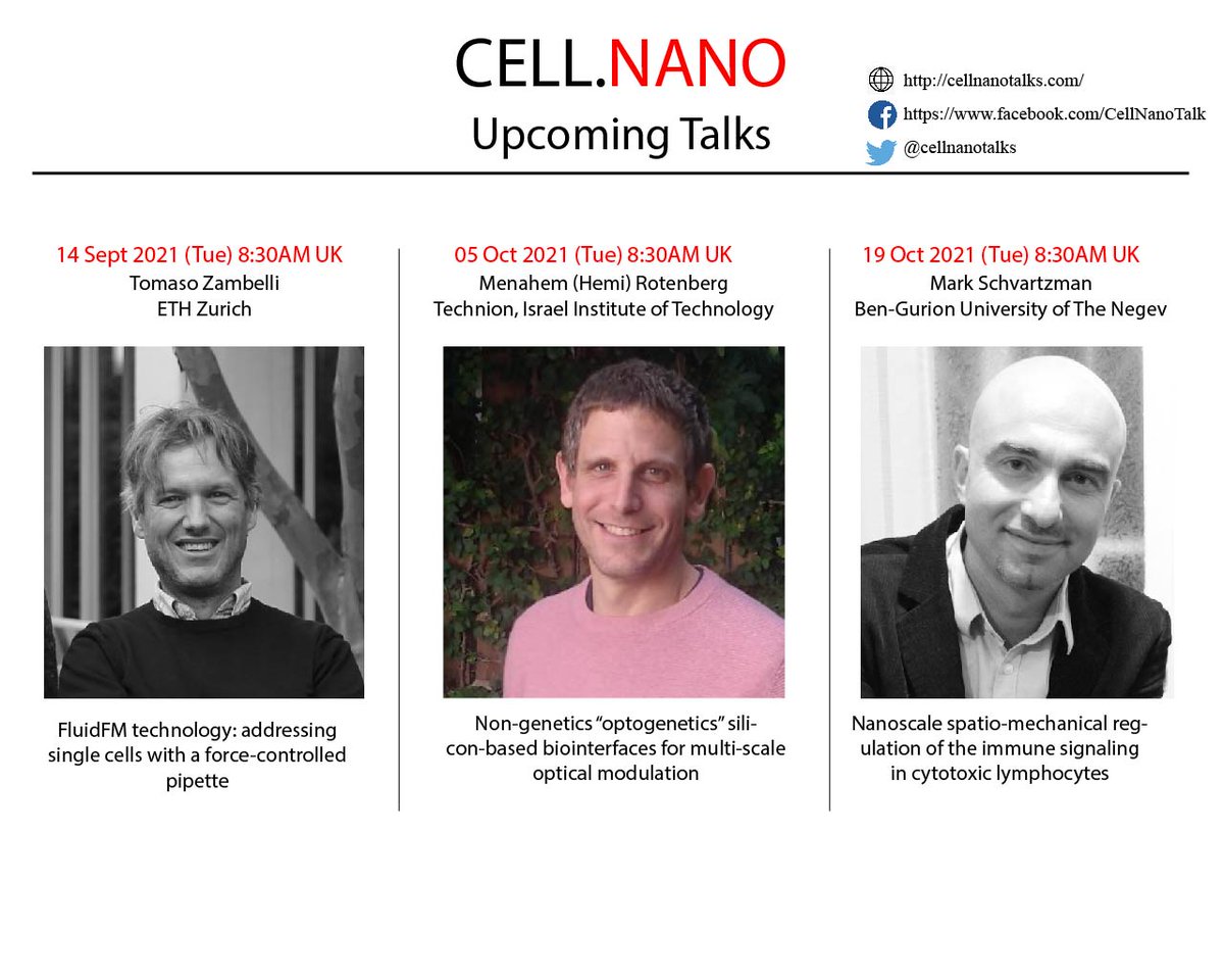 Cell.Nano Talks (@cellnanotalks) on Twitter photo We're back after the summer break!! Catch our interesting list of speakers on topics varied from single-cell technologies to bio-interfaces and nanotechnology.  Every second Tuesday starting 14 Sept 8:30am UK time. 
#SingleCellTech #Optogenetics #Biointerfaces  #nanotechnology We're back after the summer break!! Catch our interesting list of speakers on topics varied from single-cell technologies to bio-interfaces and nanotechnology.  Every second Tuesday starting 14 Sept 8:30am UK time. 
#SingleCellTech #Optogenetics #Biointerfaces  #nanotechnology