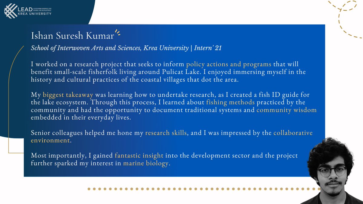LEADatKrea's tweet photo. 🔊 Meet Ishan Suresh Kumar from School of Interwoven Arts and Sciences, @kreauniversity who was a summer intern with @LEADatKrea with the team working to develop policy actions &amp; programs which will benefit small-scale fisherfolks living near Pulicat Lake. 

#intern #lifeatlead https://t.co/ItC7062IEJ