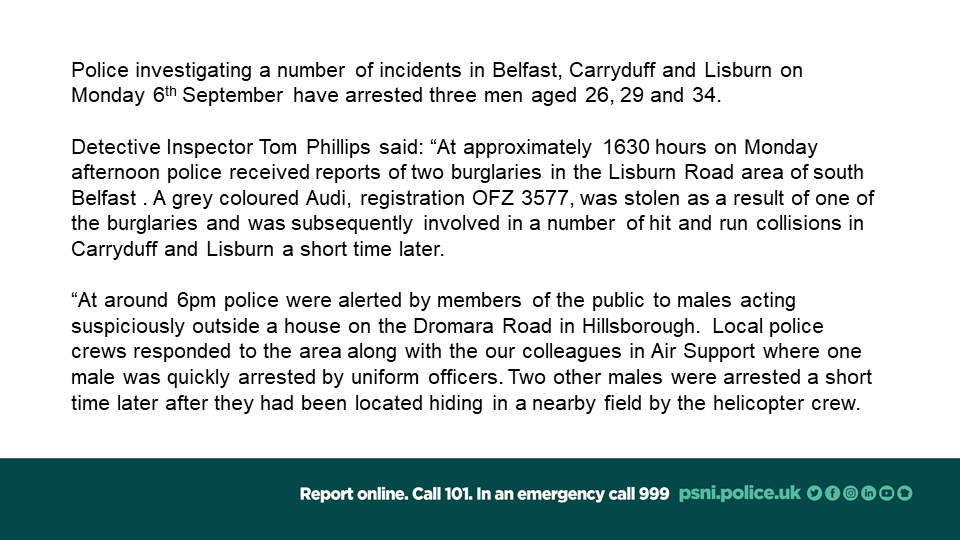PoliceServiceNI's tweet photo. Three men have been arrested after a number of incidents in Belfast, Carryduff and Lisburn https://t.co/JePu0rR3qV