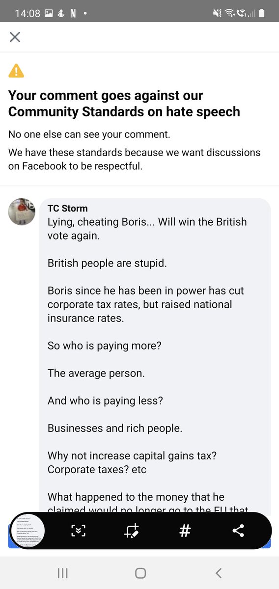 tc_storm's tweet photo. @Facebook can you please explain why I am banned for speaking negatively about Boris Johnson, and how this constitutes "hate speech"? https://t.co/wpf7rbDaVc