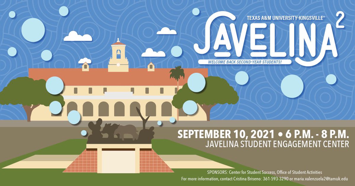 TAMUK_CFSS's tweet photo. Hey second-year Javelinas! 🐗 

Looking for something to do Friday evening? Join us for our sophomore welcome event! 🥳

Javelina² is THIS FRIDAY, 6-8pm at the JSEC. Come by for free food from local vendors, t-shirts, awesome giveaways, and a visit from the pep band. https://t.co/JQMN990Ugh