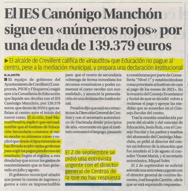 CompromisCrevi's tweet photo. 🟧 ➡️ L'IES Canonge Manchón segueix en números rojos 🔴 

👤 📣 @josempenalva qualifica d'inaudit 👎🏼 que @GVAeducacio no pague al centre, malgrat la mediació municipal i prepara una declaració institucional. 

👉🏻 Més Informació https://t.co/OAs86DQjCQ https://t.co/ba75LAhYfb