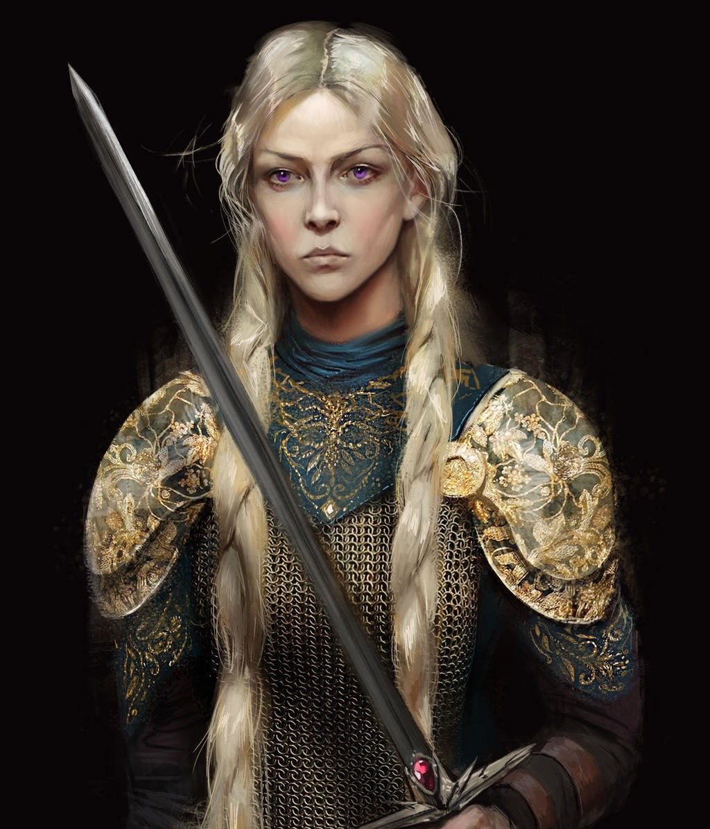 Though possessed of the silver-gold hair and purple eyes of Valyria, hers was a harsh, austere beauty. Even those who loved her best found Visenya stern, serious, and unforgiving; some said that she played with poisons and dabbled in dark sorceries.