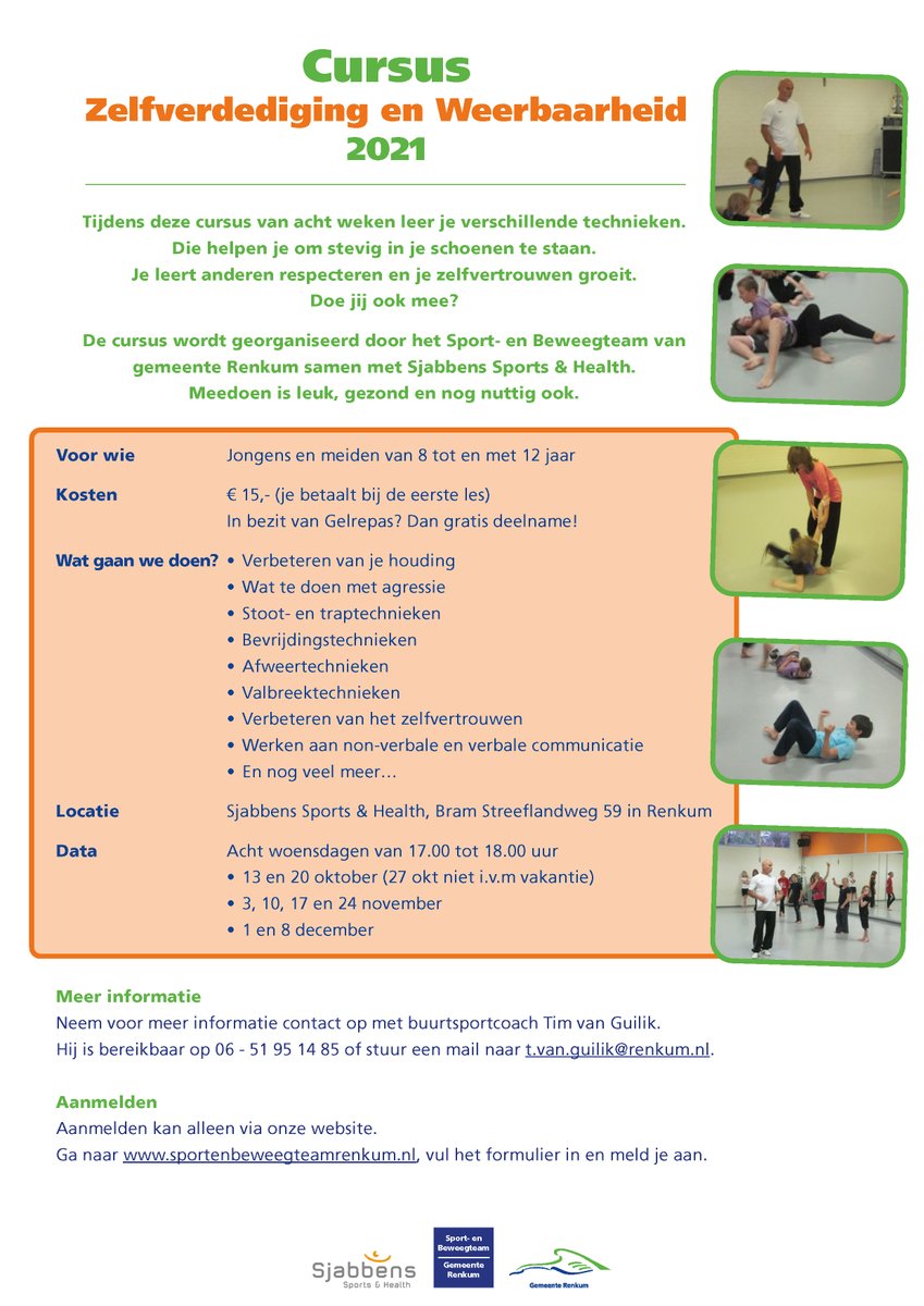 In samenwerking met <a href="/SjabbensSports/">SjabbensSports</a> organiseren wij weer een cursus Zelfverdediging &amp; weerbaarheid. Deze cursus bestaat uit acht lessen en is speciaal voor jongens en meiden van 8 t/m 12 jaar uit de <a href="/Gem_Renkum/">Gemeente Renkum</a>.
 
Meer informatie of inschrijven? 👉🏼sportenbeweegteamrenkum.nl/cursus-zelfver…