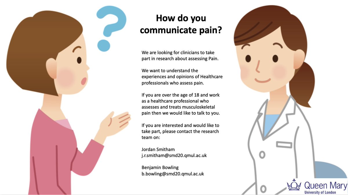 Jordan Smitham (@jordan_smitham) on Twitter photo Myself and a colleague are interesting in looking into patients and clinicians experiences of assessing pain. If you are a clinician who assesses and treats pain and can spare 1 hour for an interview we would love to hear from you. <a href="/QMULSportExMed/">QMULSportExMed</a> <a href="/simonthephysio/">Dr Simon Lack</a> <a href="/DrDylanM/">Dylan Morrissey</a> Myself and a colleague are interesting in looking into patients and clinicians experiences of assessing pain. If you are a clinician who assesses and treats pain and can spare 1 hour for an interview we would love to hear from you. <a href="/QMULSportExMed/">QMULSportExMed</a> <a href="/simonthephysio/">Dr Simon Lack</a> <a href="/DrDylanM/">Dylan Morrissey</a>