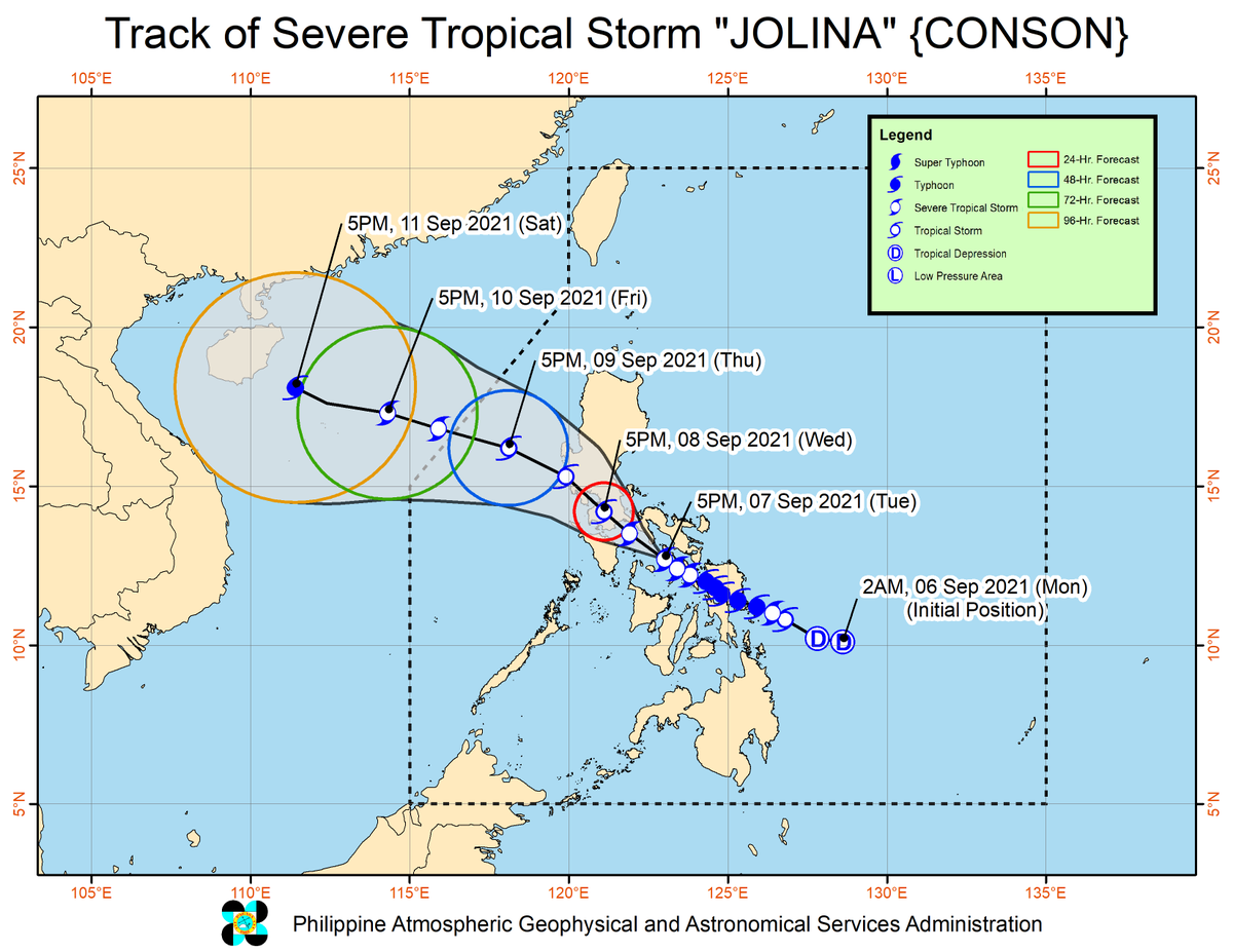 dost_pagasa's tweet photo. TROPICAL CYCLONE BULLETIN NO. 12
STS  “#JolinaPH” (CONSON)
Issued at 8:00 PM, 7 September 2021
Next bulletin at 11:00 PM today.

STS “JOLINA” MAINTAINS ITS STRENGTH AS IT CONTINUES TO MOVE WEST NORTHWESTWARD OVER THE SIBUYAN SEA

Link: https://t.co/nOU97294Wi
DOST-PAGASA https://t.co/d0y9PCASV3