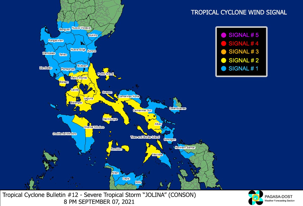 dost_pagasa's tweet photo. TROPICAL CYCLONE BULLETIN NO. 12
STS  “#JolinaPH” (CONSON)
Issued at 8:00 PM, 7 September 2021
Next bulletin at 11:00 PM today.

STS “JOLINA” MAINTAINS ITS STRENGTH AS IT CONTINUES TO MOVE WEST NORTHWESTWARD OVER THE SIBUYAN SEA

Link: https://t.co/nOU97294Wi
DOST-PAGASA https://t.co/d0y9PCASV3