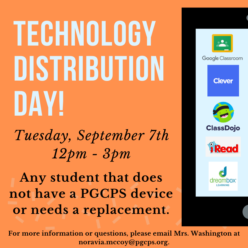 RFESroars's tweet photo. Technology will be distributed to any student that does not have a PGCPS issued device or needs a replacement device TODAY 12pm-3pm. https://t.co/wJ0G4XWvMf