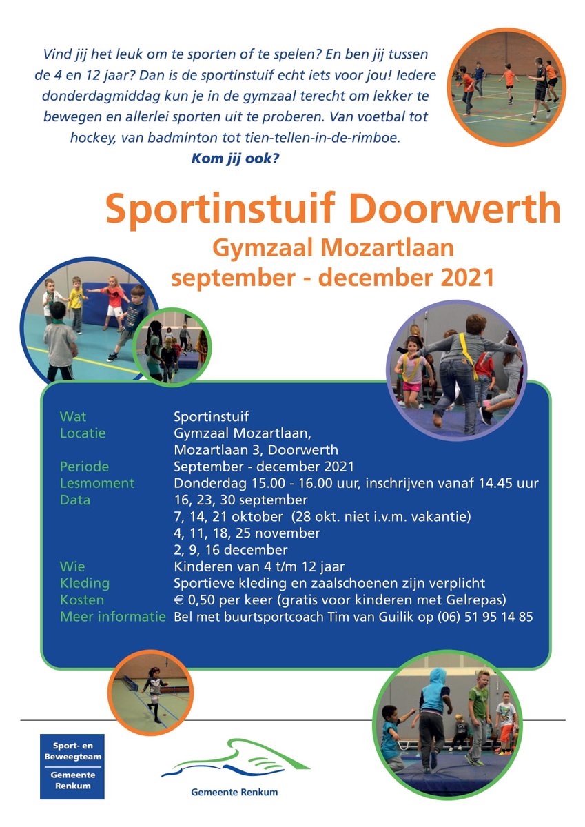Volgende week start de sportinstuif weer! Doe je met ons mee?

📌Doelum (Renkum) 
🗓️Iedere dinsdag 
🕓16.00-17.00u
 
📌Gymzaal v Spaenweg (Oosterbeek)
🗓️Iedere woensdag 
🕒15.00-16.00u
 
📌Gymzaal Mozartlaan (Doorwerth)
🗓️Iedere donderdag 
🕒15.00-16.00u 

Meer info 👇🏼