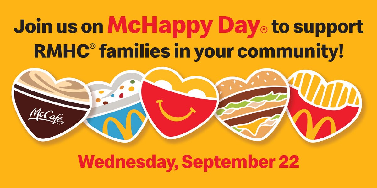 rmh_can's tweet photo. McHappy Day is RMHC’s biggest fundraiser of the year, and we couldn’t be more excited it’s back! On September 22, a portion of proceeds from ALL @McDonaldsCanada menu items ALL day will support families with sick children in your community.  
#McHappyDay #KeepingFamiliesClose https://t.co/bEM9fUv4Jm