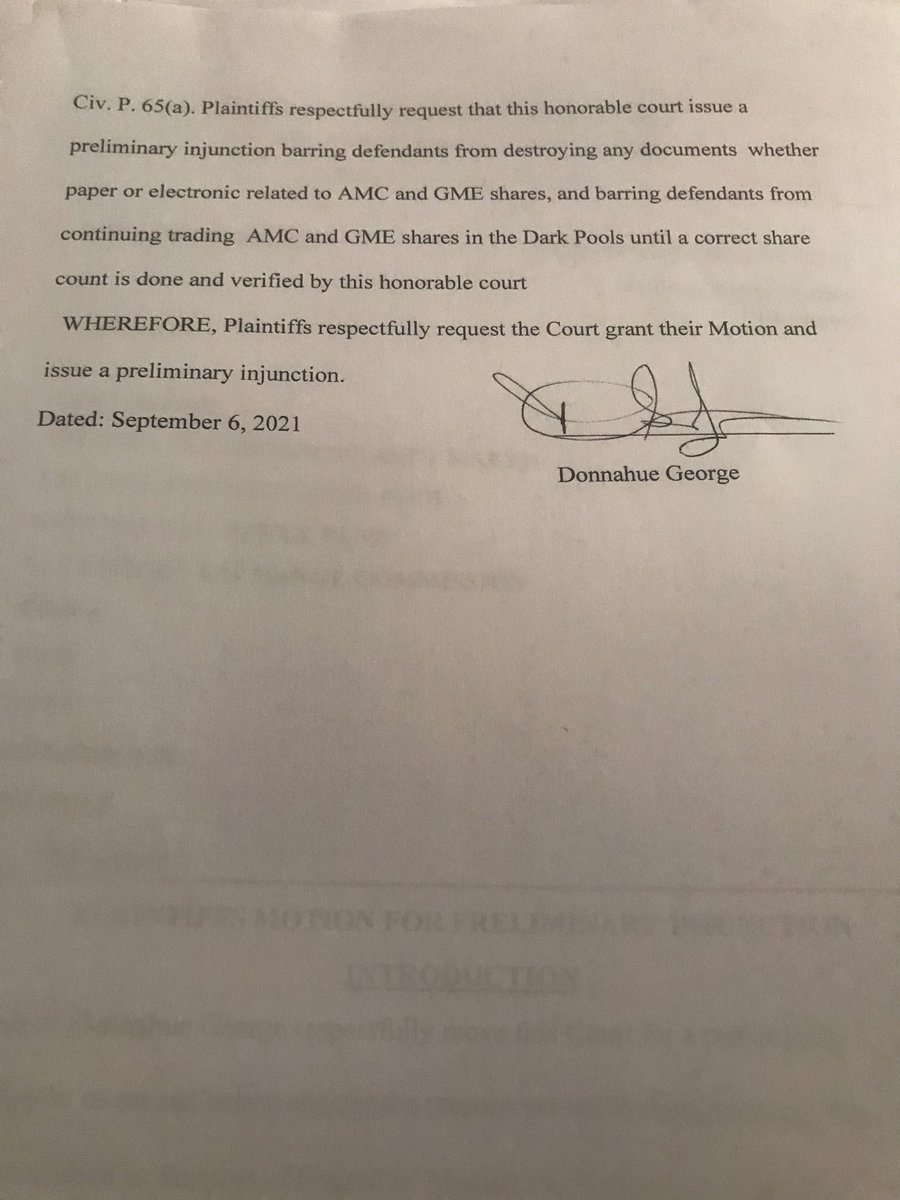 DonnahueGeorge's tweet photo. SEC refuses to act So I Did I filed a preliminary injunction in Federal Court this morning requesting that Court temporarily ban the trading of AMC and GME shares in the Dark Pools until we get an accurate share count verified by the courts #SECdoYourJob #AMC #GME https://t.co/fegJTdYevP