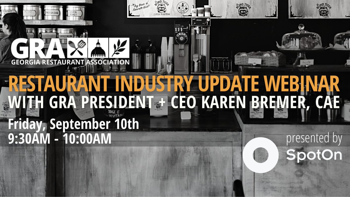 Please join us Friday, Sept. 10 at 9:30AM, for the GRA monthly restaurant industry update w/ GRA Pres. + CEO Karen Bremer, CAE, presented by <a href="/SpotOn/">SpotOn</a>.

We invite you to submit any questions you may have when you register &amp; we'll address them live.

Sign up: bit.ly/3t7SmXm