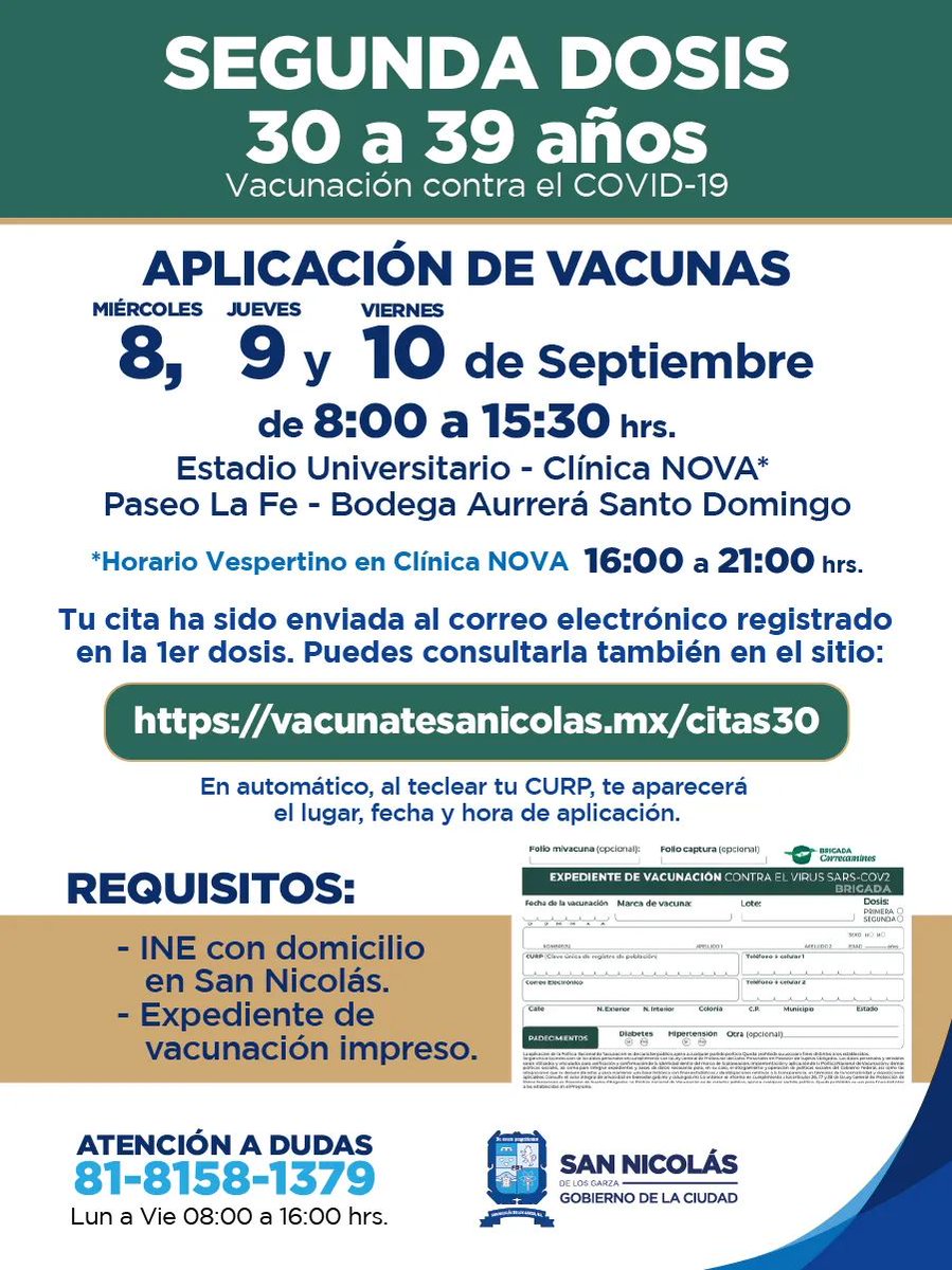 Notivia1's tweet photo. @GobSanNicolas te recuerda que este 8, 9 y 10 de septiembre se aplicará la segunda dosis de la vacuna contra #COVID19. https://t.co/KyaqUIQ0td