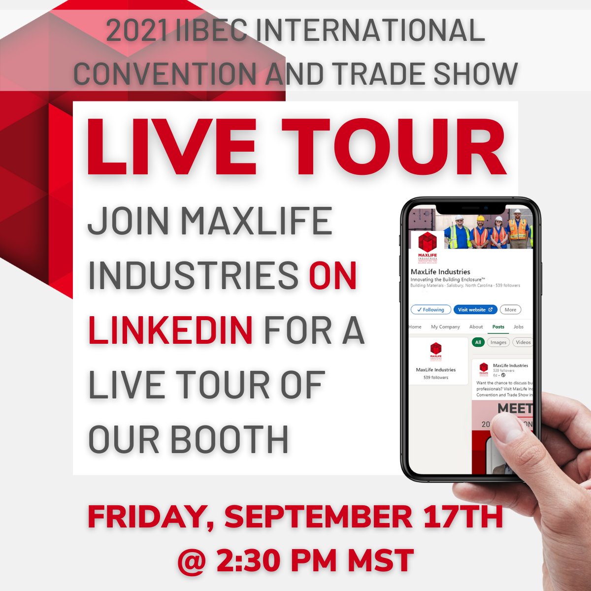 dupontarmorwall's tweet image. Can&apos;t make it to IIBEC? Join us Friday, September 17th at 2:30PM MST on LinkedIn for a LIVE TOUR of MaxLife Industries&apos; booth at the 2021 IIBEC International Convention and Trade Show! 

Click here for more information: maxlifeindustries.com/2021-iibec-int…