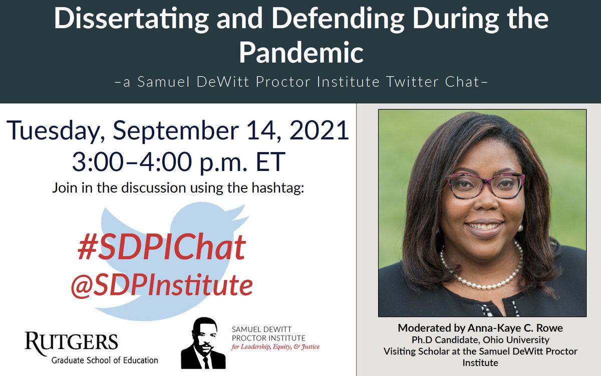 SDPInstitute's tweet photo. Join us NEXT WEEK for "Dissertating and Defending During the Pandemic!" 🙌🙌

This #SDPIChat, moderated by @KayeAnna88, will provide a space for doctoral candidates &amp; those who have recently defended to share experiences &amp; build community! 👏👏

#phdlife #PandemicPhD #highered https://t.co/BZeab8JSeV
