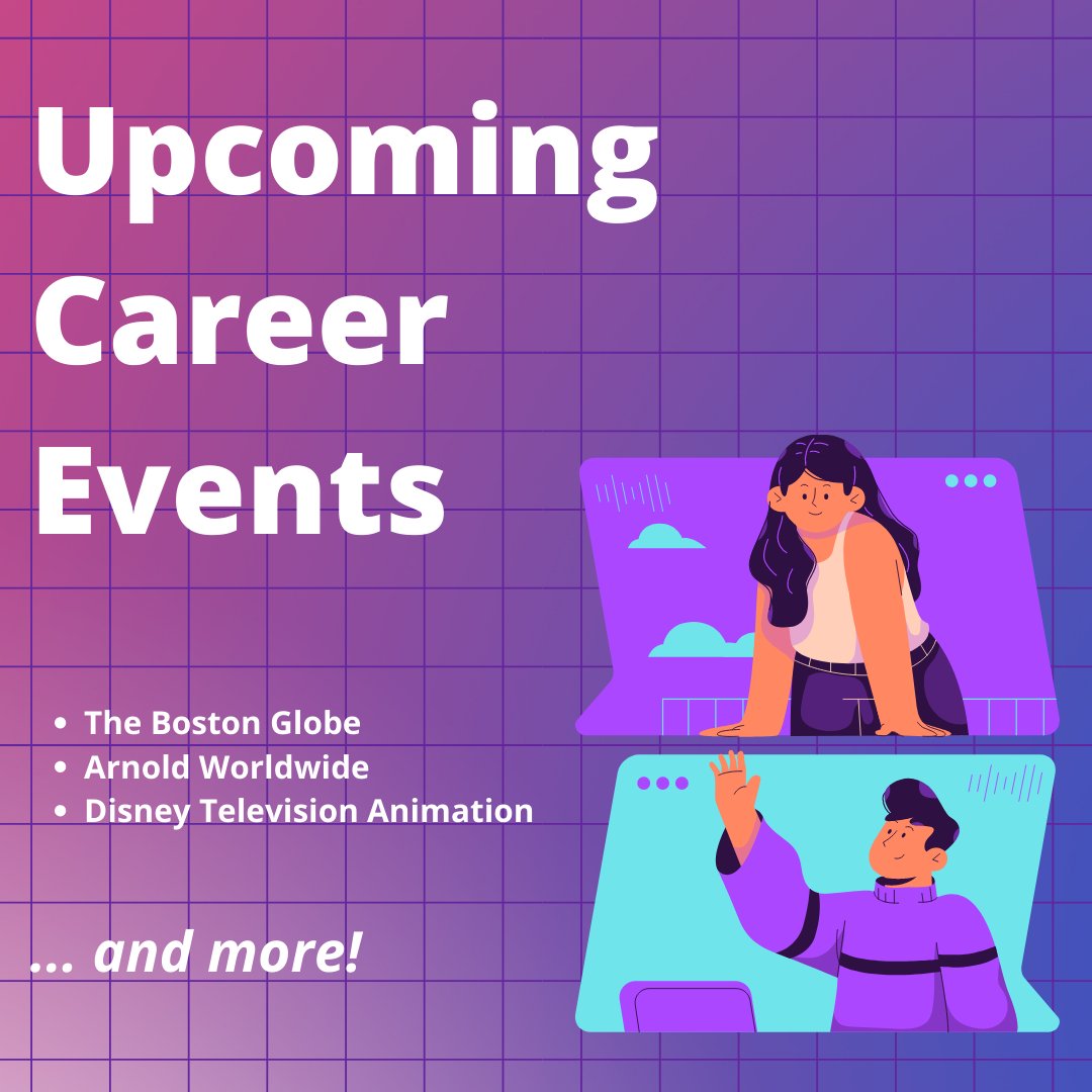 Learn more about our upcoming career events, including Career Cafés with The Boston Globe, Arnold Worldwide, Disney Television Animation, and more! Visit Careerbuzz for more info about these events and our Fall Internship Fair on October 5th: bit.ly/ec-fall21