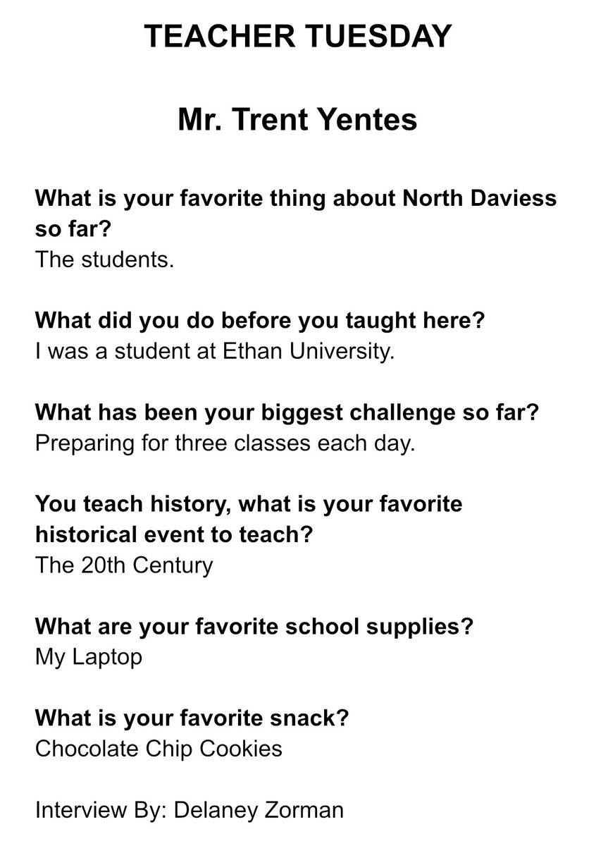 TEACHER TUESDAY- Mr. Trent Yentes (Social Studies)