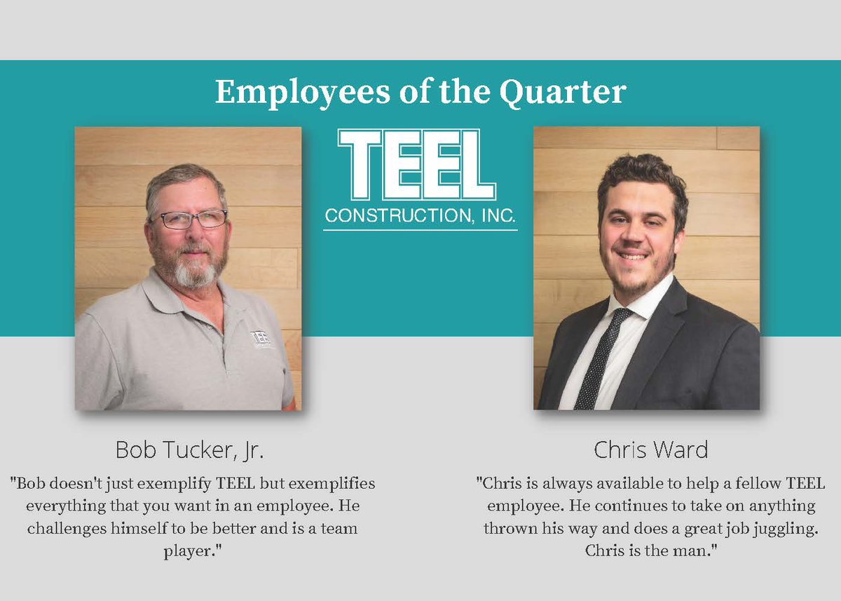 BUILD_with_TEEL's tweet image. A special shoutout goes out to our employees of the quarter Bob Tucker, Jr. &amp;amp; Chris Ward.

Both these individuals exemplify exactly what we look for in an employee and we can&apos;t thank them enough for all that they bring to the team. #teelconstruction #employeesofthequarter #2021
