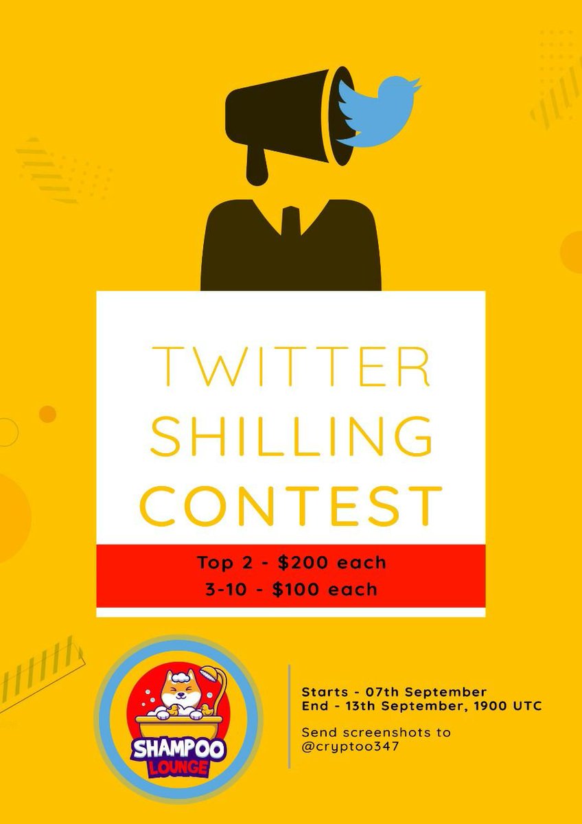 shityshitcoiner's tweet photo. Twitter Shilling contest is up in https://t.co/ufzo68Lyxy !!
Shill about @CryptoshampooO in Twitter !
$1200 worth of rewards. #ShampooLounge #Shilling @goodso1992 @bnb2life @PrincesaCrypto @_retr0x @CryptoBlack10 https://t.co/8U6pEjKVAr