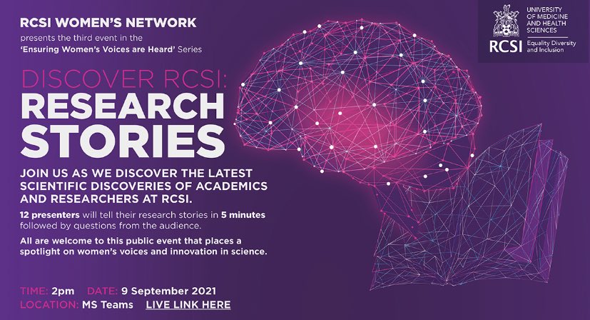Want to hear our #DiscoverRCSI research stories? 📚 Looking forward to chairing our female panelists 🚺Topics include #cancer #AI #nanomedicine #inflammation by <a href="/fknally/">Frances Nally</a> <a href="/CamilleHurley15/">Camille Hurley</a> <a href="/_flanaganl/">Lyndsey Flanagan</a> <a href="/JessicaSSmyth/">Jessica Smyth</a> follow the link Thurs at 2pm bit.ly/RCSIWN21 open for all!