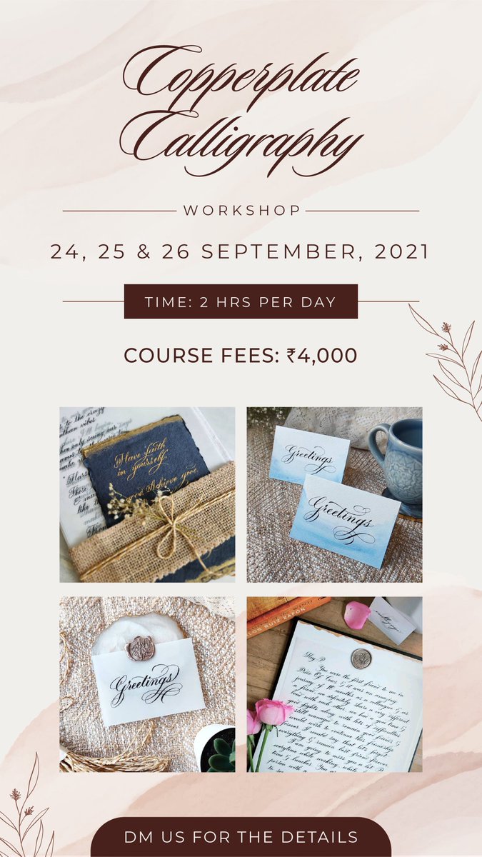 Pooja_Karia's tweet photo. Join us for our “Copperplate Calligraphy Workshop” this September. You can book your slot by sending us a DM and making your payment.

Date: 24, 25 and 26 Sept.

Fees: ₹4000 (including kit)

#calligraphy
#Onlineclass
#onlinelearning
#handwriting

https://t.co/1ql0V2xLdY https://t.co/S8oGFUcHGz