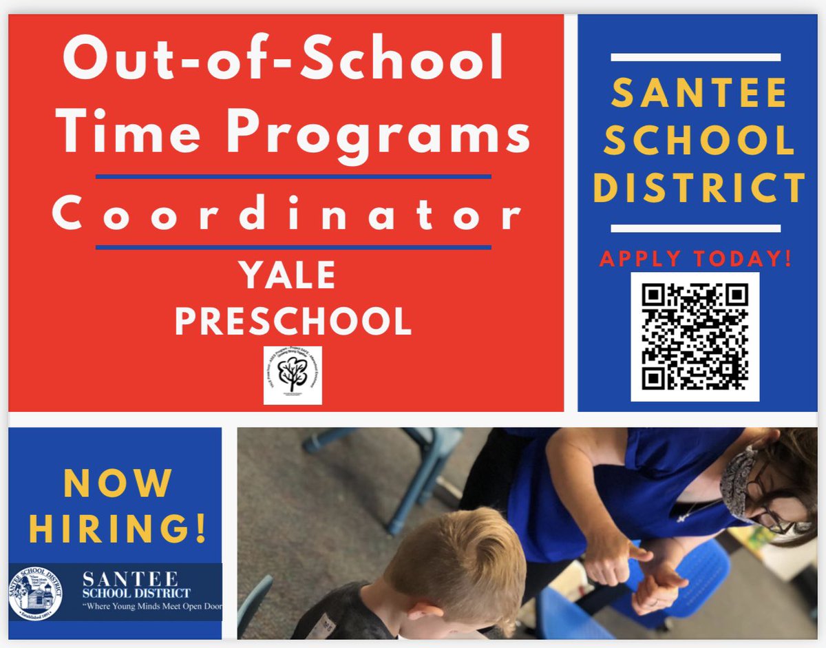 JessOchoaMEd's tweet photo. Santee School District, Out of School Time Programs is hiring! View QR code below to apply today for our OST Coordinator, YALE Preschool position. #applytoday #leadership #preschool https://t.co/CjXMvqh2Ab