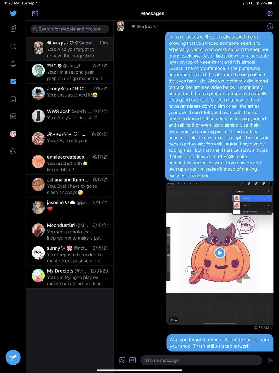 KJ_Designs0116's tweet photo. Here’s my reply along with the proof that she blocked me. Some people are so childish and stubborn I swear. She got caught red handed and still wouldn’t admit that she traced Naomi Lord’s art.🤦🏼‍♀️ #artstealer #karen #art #artthief #tracedart #stolenart #calledout https://t.co/XqYeckRiAO