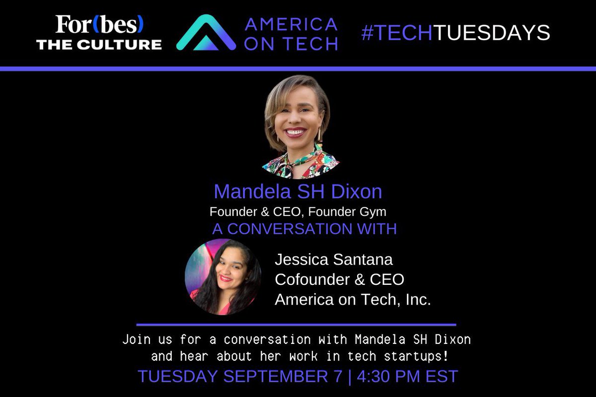 Join our CEO @JessWorldwide and @MandelaSH of @foundergym today for our monthly #TechTuesdays series. 

Tune in at 4:30 EST at the @ForbesTheCultur IG handle: instagram.com/forbesthecultu…