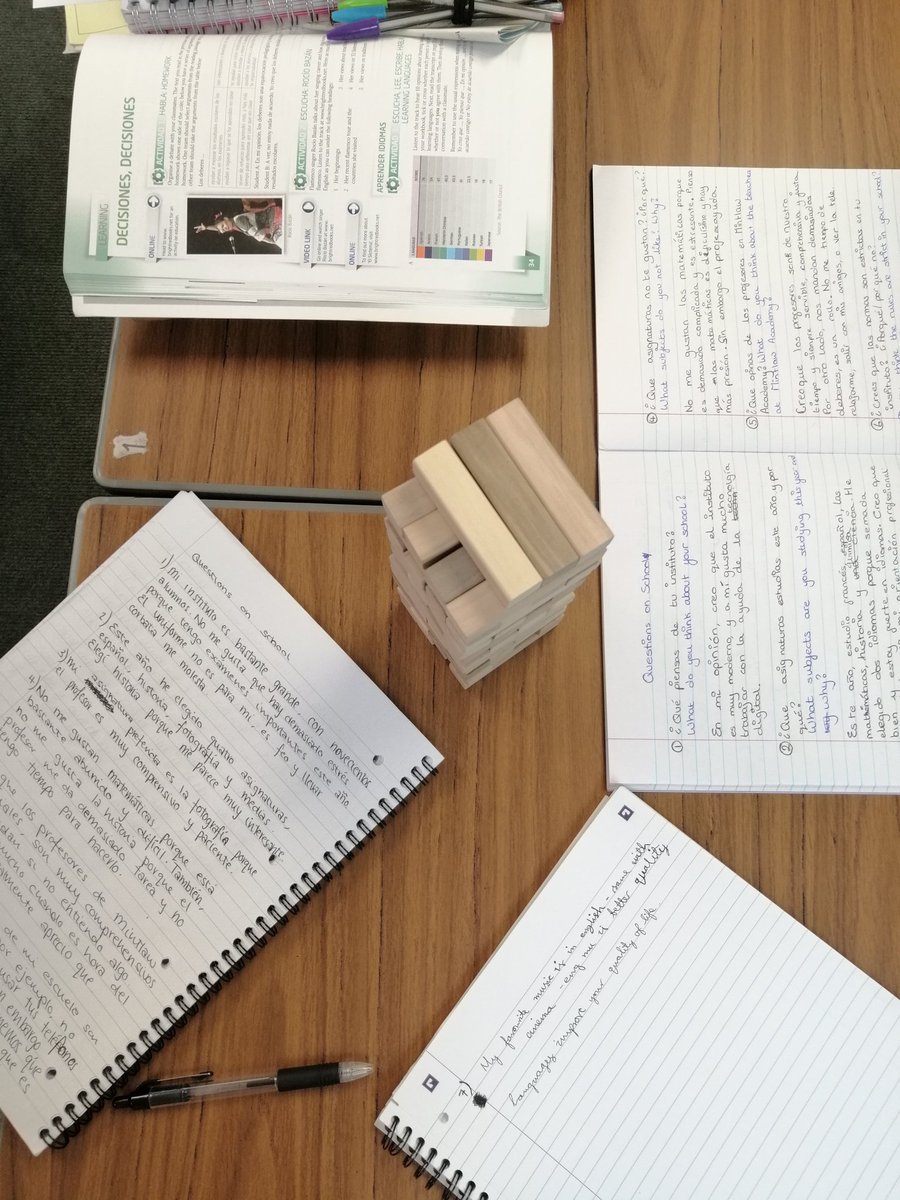 MflMintlaw's tweet photo. Mrs Noble's (@n_mfl) Higher Spanish played Jenga today to practise some speaking. Each block labelled 1-8; corresponding questions on board for them to answer. ¡Buen trabajo! #mfl #lovelanguages #mintlawfamily #learningtogether https://t.co/1ph4A9Rsyu