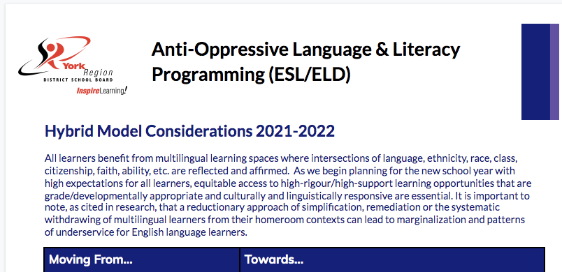 YRDSB Elementary schools and staff planning for Anti-Oppressive ESL/ELD Language &amp; Literacy Programming in 2021-2022 please refer to this guide: tinyurl.com/ElementaryESLE…

For more info contact: staffweb-yrdsb.msappproxy.net/services/cis/e… *links can be accessed by internal YRDSB staff at this time