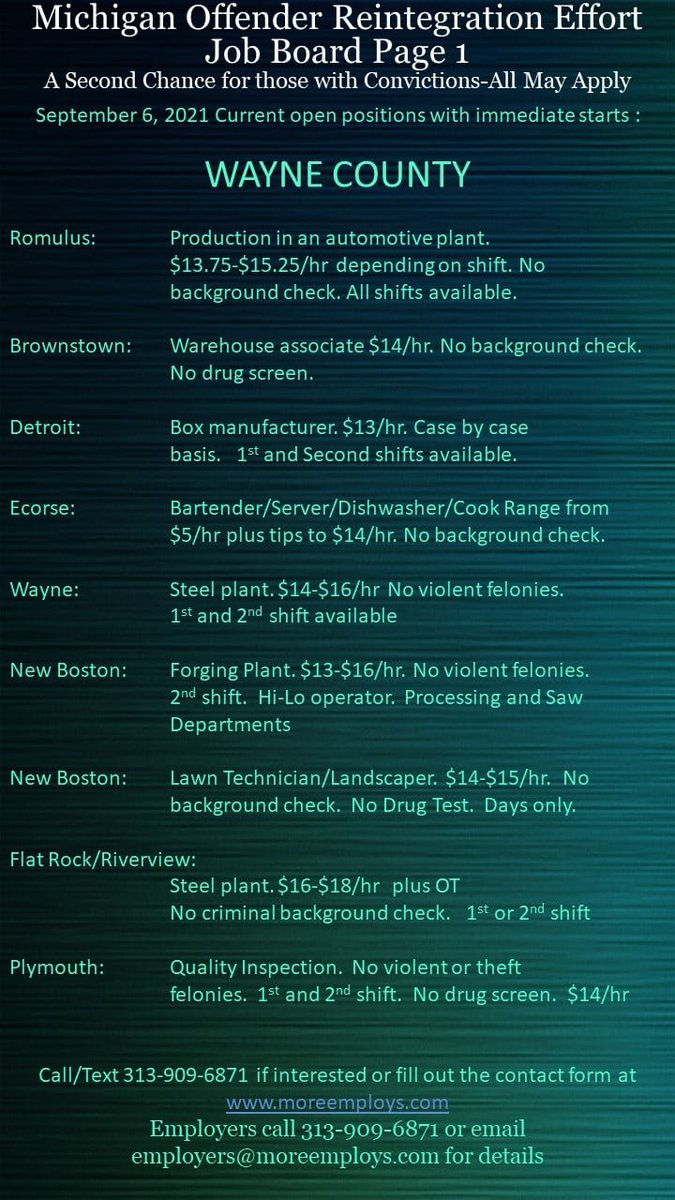 DetroitFamilies's tweet image. Michigan Offender Reintegration Effort provides a second chance to job-seekers with past convictions! Jobs Available NOW! #felonfriendly #detroitjobs
---
visit: moreemployes.com