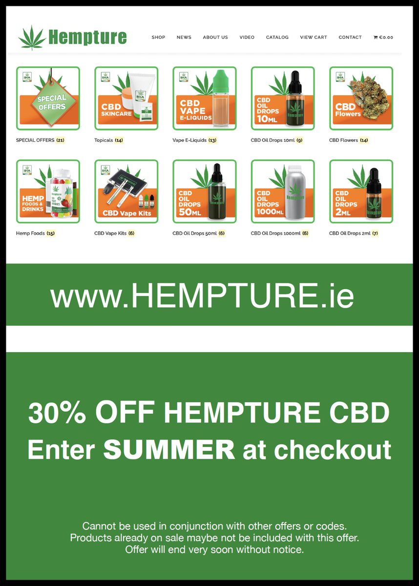 Hempture's tweet image. 30% OFF YOUR NEXT ORDER
The 2021 summer sale is coming to an end!
Enter SUMMER at checkout to get 30% OFF your CBD order! hempture.ie/shop
