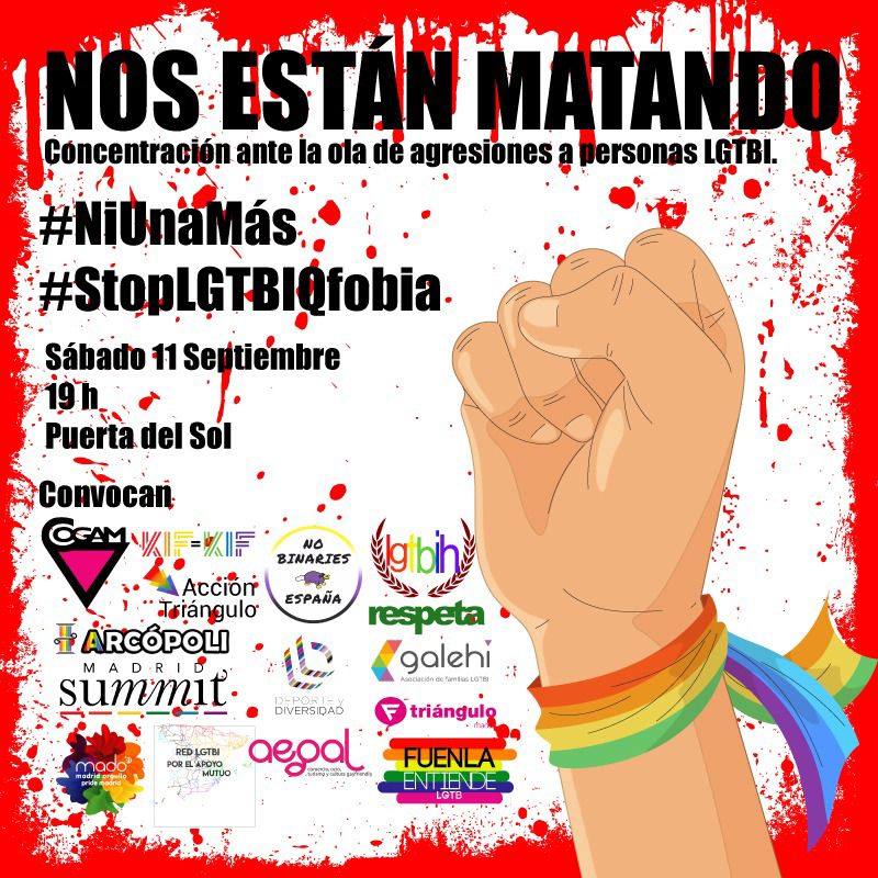 FTriangulo's tweet photo. ✊🏽 Nos sumamos a la #concentración del próximo sábado, 11 de septiembre, a las 19h en la Puerta del Sol de #Madrid. 

📢 Nadie en casa, todo el mundo a la calle! Nuestras vidas importan. Merecemos poder vivir en #igualdad y #libertad. 🏳️‍🌈🏳️‍⚧️

#StopLGBTIfobia 🛑 https://t.co/ViOgRI3kis