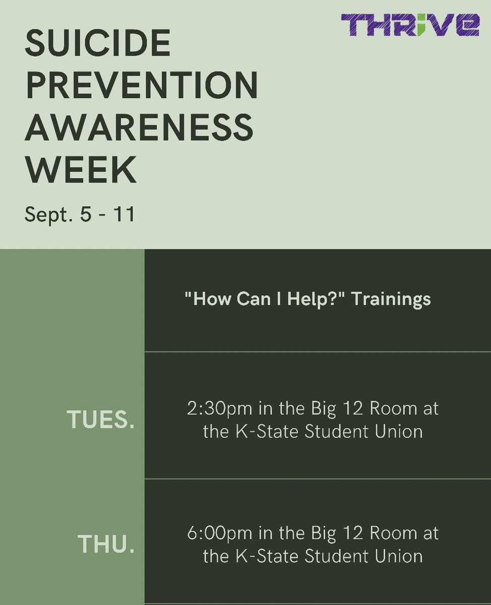 It’s Suicide Prevention Awareness Week and we will be hosting some events. First, join us today to be trained on how you can help someone who may be experiencing mental health distress. Today we will be in the Big 12 Room at the Student Union at 2:30pm.
