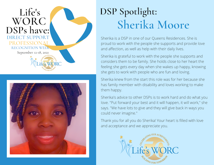 lifesworc's tweet photo. Our month-long celebration of #DSPAppreciation continues this week, starting off with Sherika Moore, a #DirectSupportProfessional in one of our Queens residences. Learn more about many of our amazing DSPs by visiting https://t.co/BqULCsGYn9. #OurDSPsHaveHeart https://t.co/oQw9xLfC9F