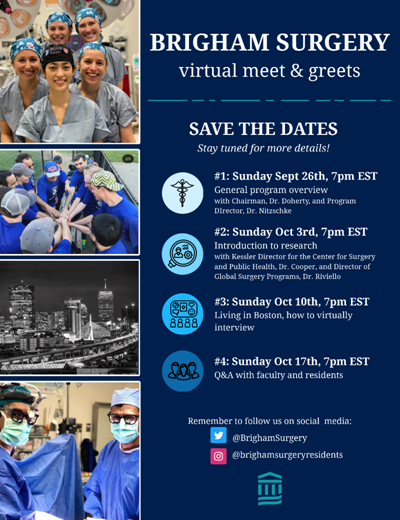 It’s time for another residency interview season! We welcome applicants to join us at our 4 upcoming virtual meet and greets to learn about our program and meet faculty and residents! Sign up for sessions here: forms.gle/apT8u75JBMHDkq… #BeBrighamTrained #GenSurgMatch2022