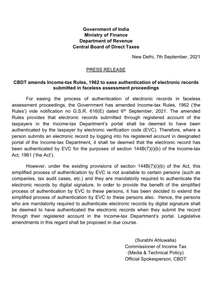 IncomeTaxIndia's tweet image. CBDT inserted a new Rule 14C to ease authentication of electronic records submitted in faceless assessment proceedings. If electronic records are submitted through registered account of taxpayer on the income tax portal,separate authentication thru EVC is not required to be done.