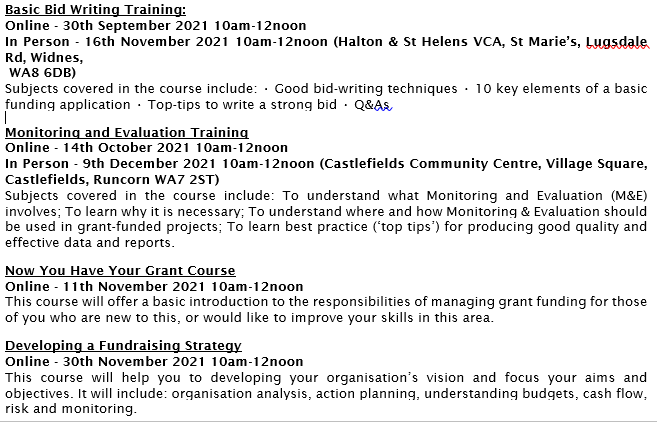 fundinghalton's tweet photo. Funding related Courses available: Basic Bid-Writing, Monitoring &amp; Evaluation and Now You Have Your Grant. Details. More details and booking on https://t.co/6S5VV8pBpX #haltonfunding #Halton #funding https://t.co/IDmHI4zpRr