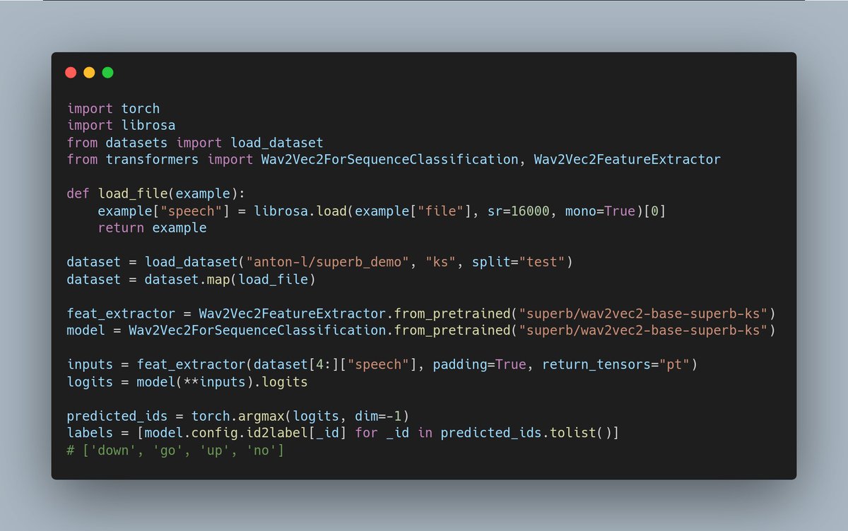 🎵 Now Wav2Vec2 and Hubert can be used as Audio Classifiers in 🤗 Transformers! Check out this model by <a href="/leo19941227/">Leo Yang</a> and the SUPERB team for Speech Commands 🗣️ recognition: hf.co/superb/wav2vec…