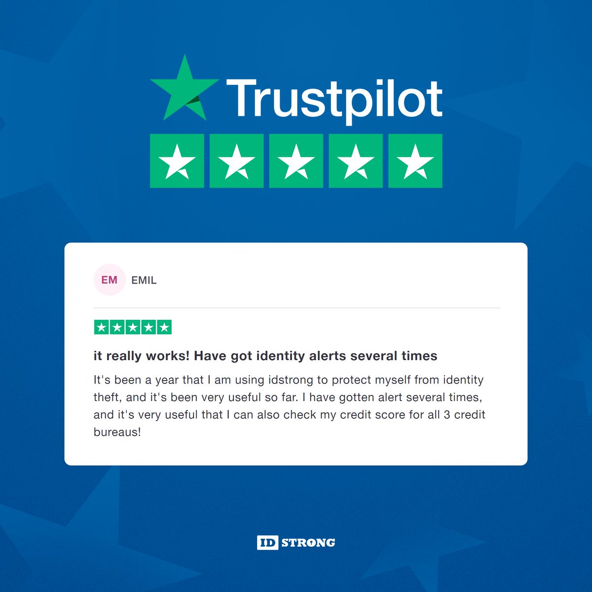 idstrong's tweet image. A 5-star rating from Emil! It really makes all the difference when your identity is monitored at IDStrong.com. 

#identitytheft #identitymonitoring #creditmonitoring