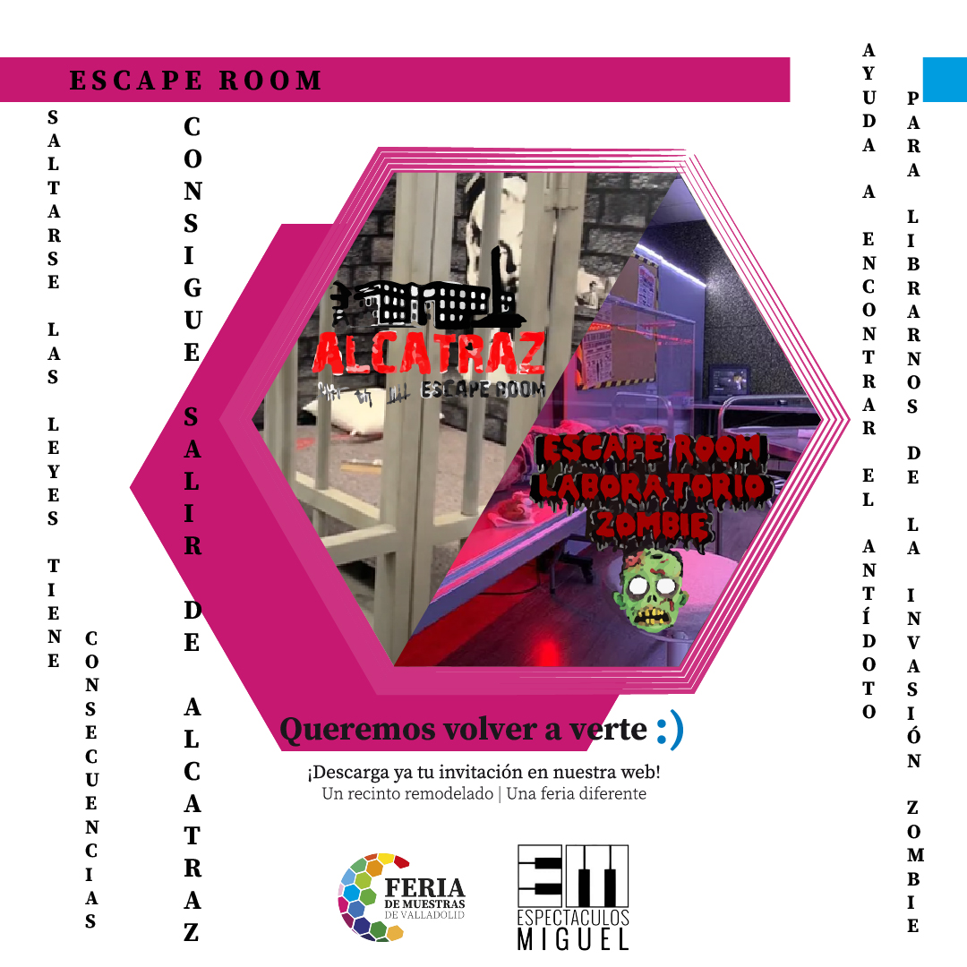 También habrá 2 escape rooms en #FeriaMuestras! 🧟‍♂️Laboratorio Zombie y ⛓️Alcatraz. Infórmate sobre horarios, precios, descripción de cada uno y hazte con las entradas!👉bit.ly/3h7QtVY

No olvides registrar tu invitación  a #FeriaMuestras en 🔗bit.ly/3zBpCJa