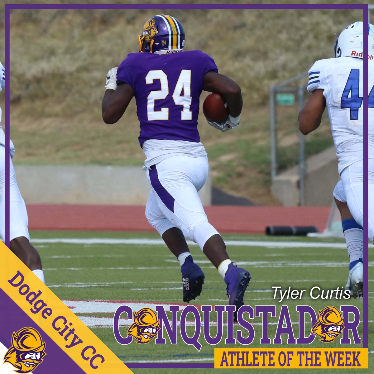 GoConqs's tweet photo. Congratulations to this week's male "Conquistador Athlete of the Week" - Tyler Curtis (Football🏈)...he ran for 137yds on 11 carries w/2 TDs vs Iowa Western; his 12.5ypc &amp; 137yds leads the KJCCC #GoConqs

https://t.co/AneeYDCkMI https://t.co/O0m8Drx7SS
