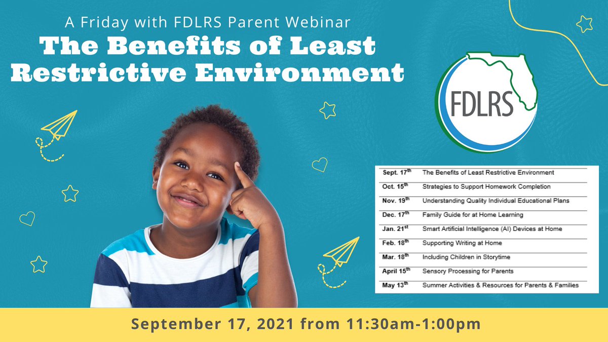 Register Today to learn about "The Benefits of Least Restrictive Environment" at our upcoming Friday with FDLRS Parent Webinar on September 17, 2021 from 11:30am-1:00pm, EST.  #Floridaparents #Floridaeducators

fdlrs.org/free-parent-we…